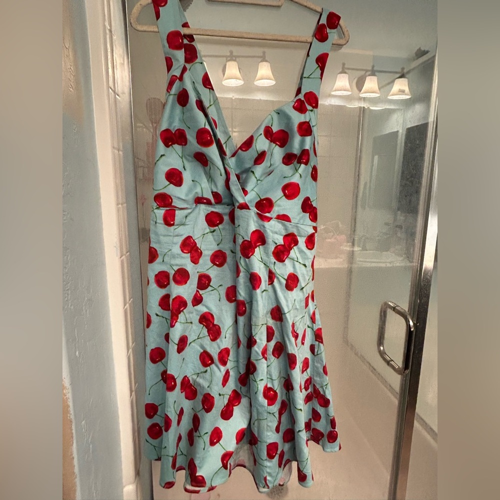 3X Sky Blue Cherry Print Pinup Dress
